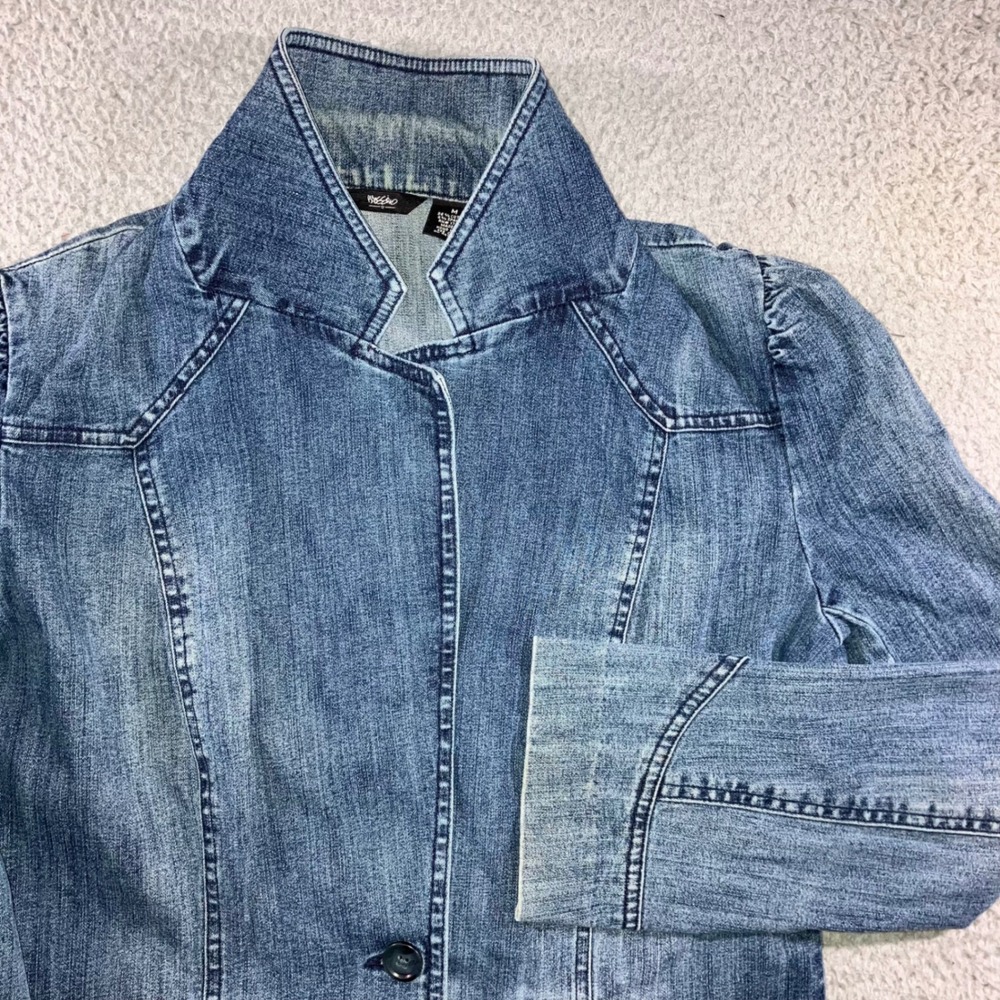 Vintage Y2K Denim Blazer Jacket M Puff Sleeve One Button Fitted Stretch Coquette